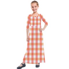 Gingham Duo Red On Orange Kids  Quarter Sleeve Maxi Dress by retrotoomoderndesigns