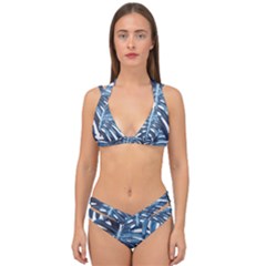 Blue monstera leaves Double Strap Halter Bikini Set