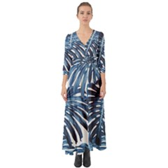 Blue monstera leaves Button Up Boho Maxi Dress