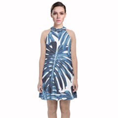 Blue monstera leaves Velvet Halter Neckline Dress 