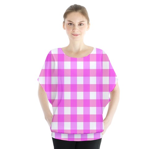 Gingham Duo Fuschia On Pink Batwing Chiffon Blouse by retrotoomoderndesigns