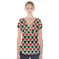 Red & Black Hearts - Olive Short Sleeve Front Detail Top by WensdaiAmbrose