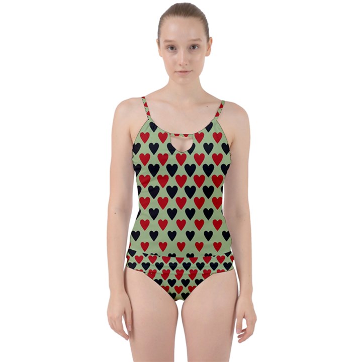 Red & Black Hearts - olive Cut Out Top Tankini Set