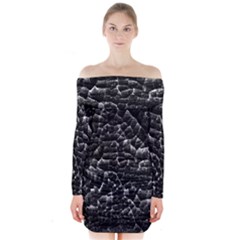 Black And White Grunge Cracked Abstract Print Long Sleeve Off Shoulder Dress by dflcprintsclothing