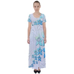 Flowers Background Leaf Leaves Blue High Waist Short Sleeve Maxi Dress