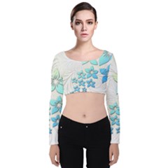 Flowers Background Leaf Leaves Blue Velvet Long Sleeve Crop Top