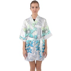 Flowers Background Leaf Leaves Blue Quarter Sleeve Kimono Robe