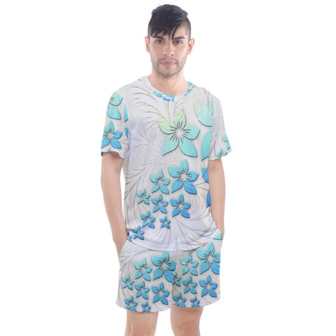 Flowers Background Leaf Leaves Blue Men s Mesh Tee And Shorts Set by Mariart