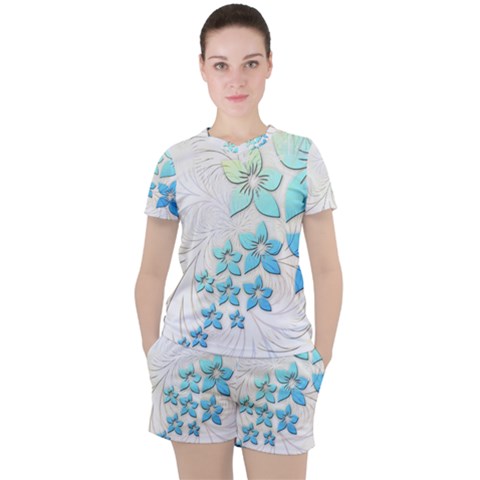 Flowers Background Leaf Leaves Blue Women s Tee And Shorts Set by Mariart