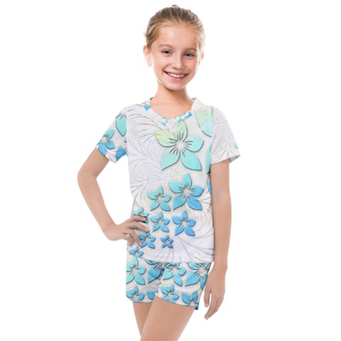 Flowers Background Leaf Leaves Blue Kids  Mesh Tee And Shorts Set by Mariart