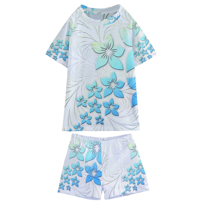 Flowers Background Leaf Leaves Blue Kids  Swim Tee and Shorts Set