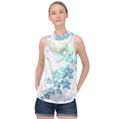 Flowers Background Leaf Leaves Blue High Neck Satin Top