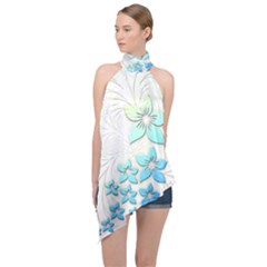 Flowers Background Leaf Leaves Blue Halter Asymmetric Satin Top