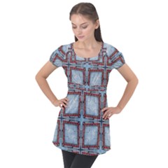 Pattern Cross Geometric Shape Puff Sleeve Tunic Top