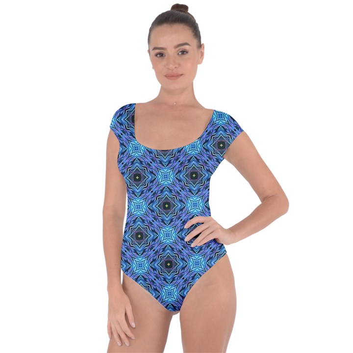 Blue Tile Wallpaper Texture Short Sleeve Leotard 