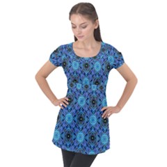 Blue Tile Wallpaper Texture Puff Sleeve Tunic Top by Pakrebo