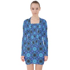 Blue Tile Wallpaper Texture V-neck Bodycon Long Sleeve Dress by Pakrebo