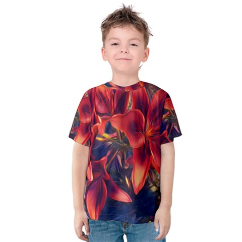 Red Lillies Bloom Flower Plant Kids  Cotton Tee by Pakrebo