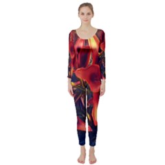 Red Lillies Bloom Flower Plant Long Sleeve Catsuit