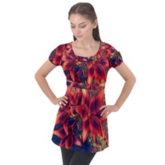 Red Lillies Bloom Flower Plant Puff Sleeve Tunic Top by Pakrebo