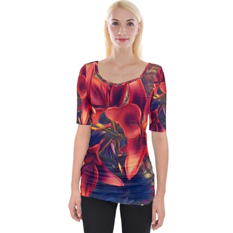 Red Lillies Bloom Flower Plant Wide Neckline Tee by Pakrebo