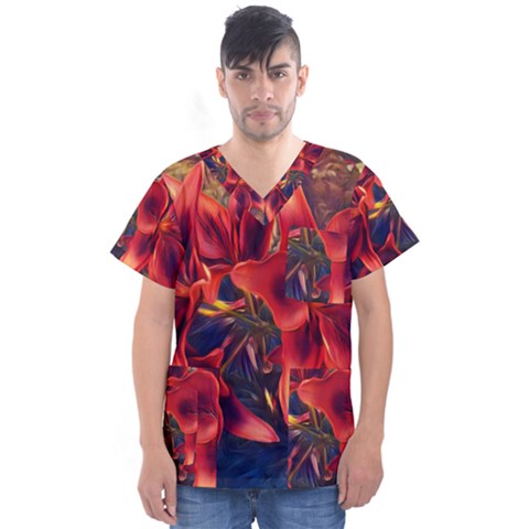 Red Lillies Bloom Flower Plant Men s V-neck Scrub Top by Pakrebo