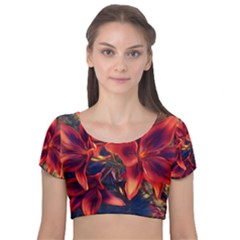 Red Lillies Bloom Flower Plant Velvet Short Sleeve Crop Top  by Pakrebo