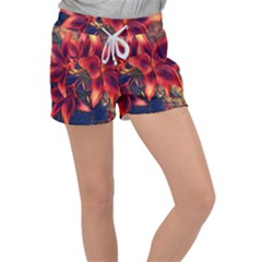 Red Lillies Bloom Flower Plant Women s Velour Lounge Shorts by Pakrebo