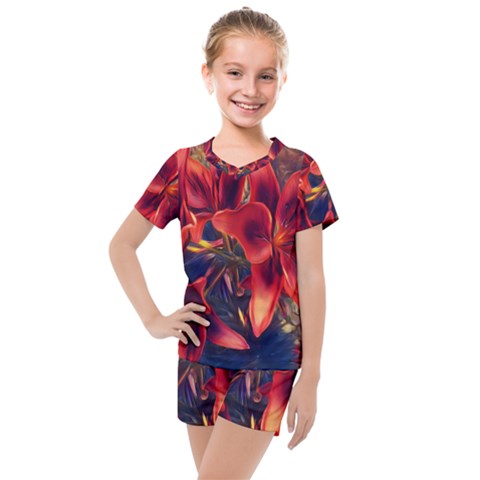 Red Lillies Bloom Flower Plant Kids  Mesh Tee And Shorts Set by Pakrebo