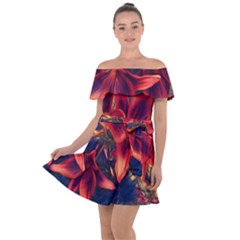 Red Lillies Bloom Flower Plant Off Shoulder Velour Dress