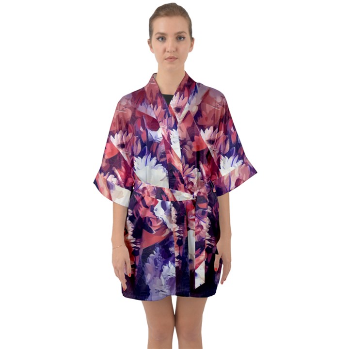 Flowers Bouquets Vintage Pop Art Quarter Sleeve Kimono Robe