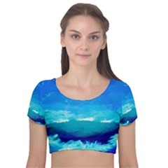 Blue Sky Artwork Drawing Painting Velvet Short Sleeve Crop Top  by Pakrebo