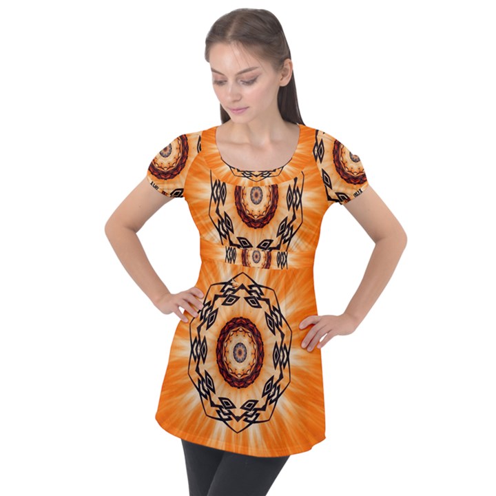 Abstract Kaleidoscope Colorful Puff Sleeve Tunic Top