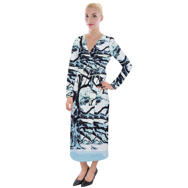 Tree Winter Blue Snow Cold Scene Velvet Maxi Wrap Dress