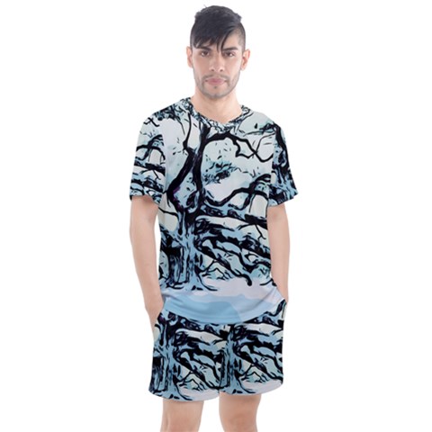 Tree Winter Blue Snow Cold Scene Men s Mesh Tee And Shorts Set by Pakrebo