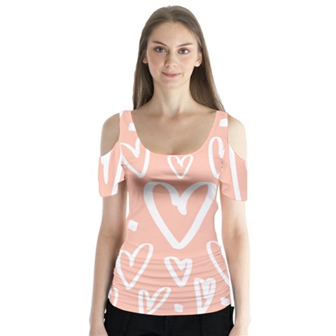 Coral Pattren With White Hearts Butterfly Sleeve Cutout Tee  by alllovelyideas