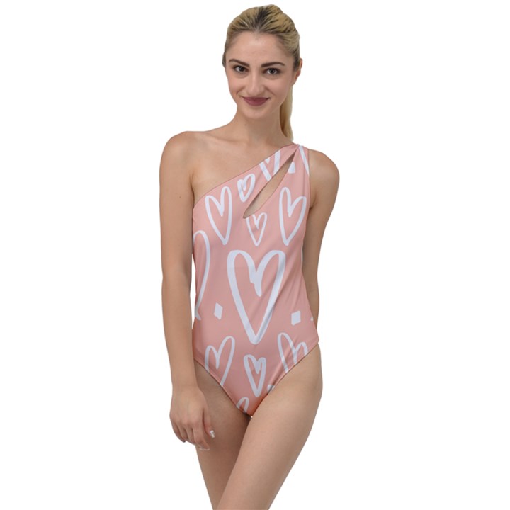 coral pattren with white hearts To One Side Swimsuit