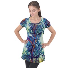 Tree Colorful Nature Landscape Puff Sleeve Tunic Top