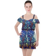 Tree Colorful Nature Landscape Ruffle Cut Out Chiffon Playsuit