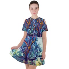 Tree Colorful Nature Landscape Short Sleeve Shoulder Cut Out Dress 