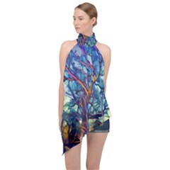 Tree Colorful Nature Landscape Halter Asymmetric Satin Top