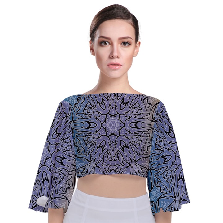 Tile Design Art Mosaic Pattern Tie Back Butterfly Sleeve Chiffon Top