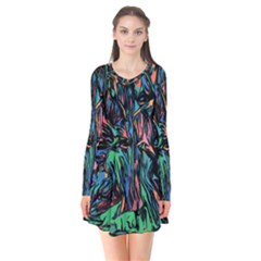 Tree Forest Abstract Forrest Long Sleeve V-neck Flare Dress by Pakrebo