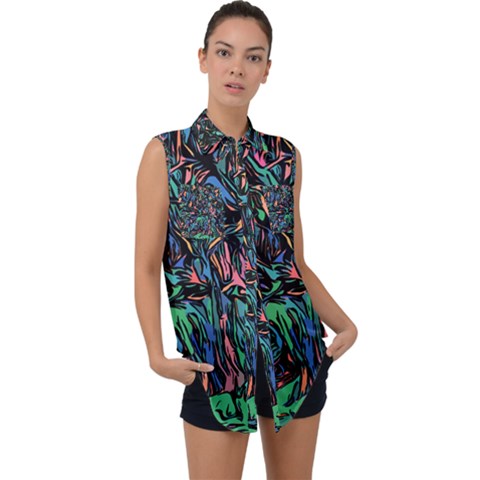 Tree Forest Abstract Forrest Sleeveless Chiffon Button Shirt by Pakrebo