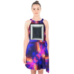 Box Abstract Frame Square Halter Collar Waist Tie Chiffon Dress by Pakrebo