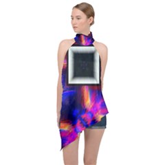 Box Abstract Frame Square Halter Asymmetric Satin Top