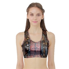 Steampunk Gears Pipes Brass Door Sports Bra With Border by Pakrebo