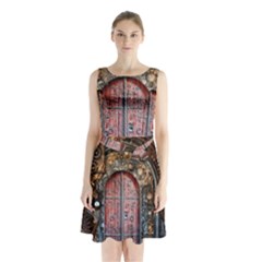 Steampunk Gears Pipes Brass Door Sleeveless Waist Tie Chiffon Dress