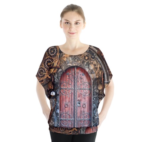 Steampunk Gears Pipes Brass Door Batwing Chiffon Blouse by Pakrebo