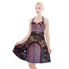 Steampunk Gears Pipes Brass Door Halter Party Swing Dress  by Pakrebo